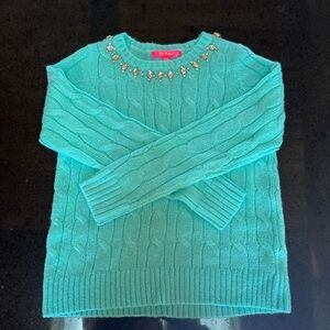 Lilly Pulitzer Turquoise Cable Knit Sweater with Embellished Neckline